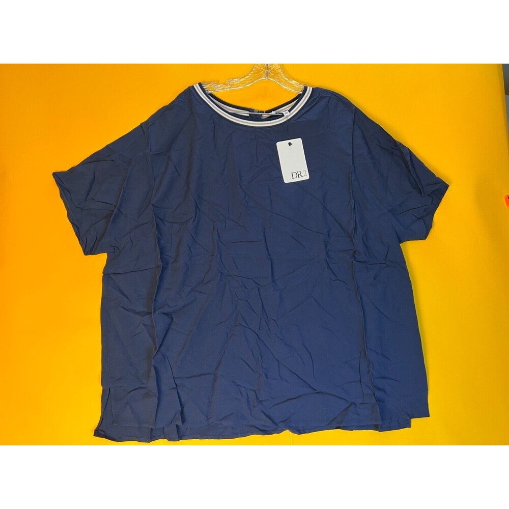 DR2 Ringer Blouse Top Womens 3X Plus Indigo Blue Short Sleeve Zip Crew Neck NWT